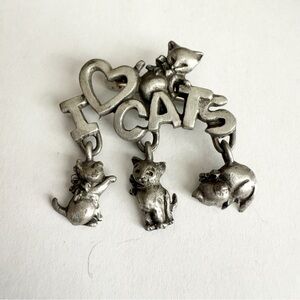 Vtg Spoontiques Pewter Cat 4192 I Love Cats Dangle Kittens Brooch Pin Signed